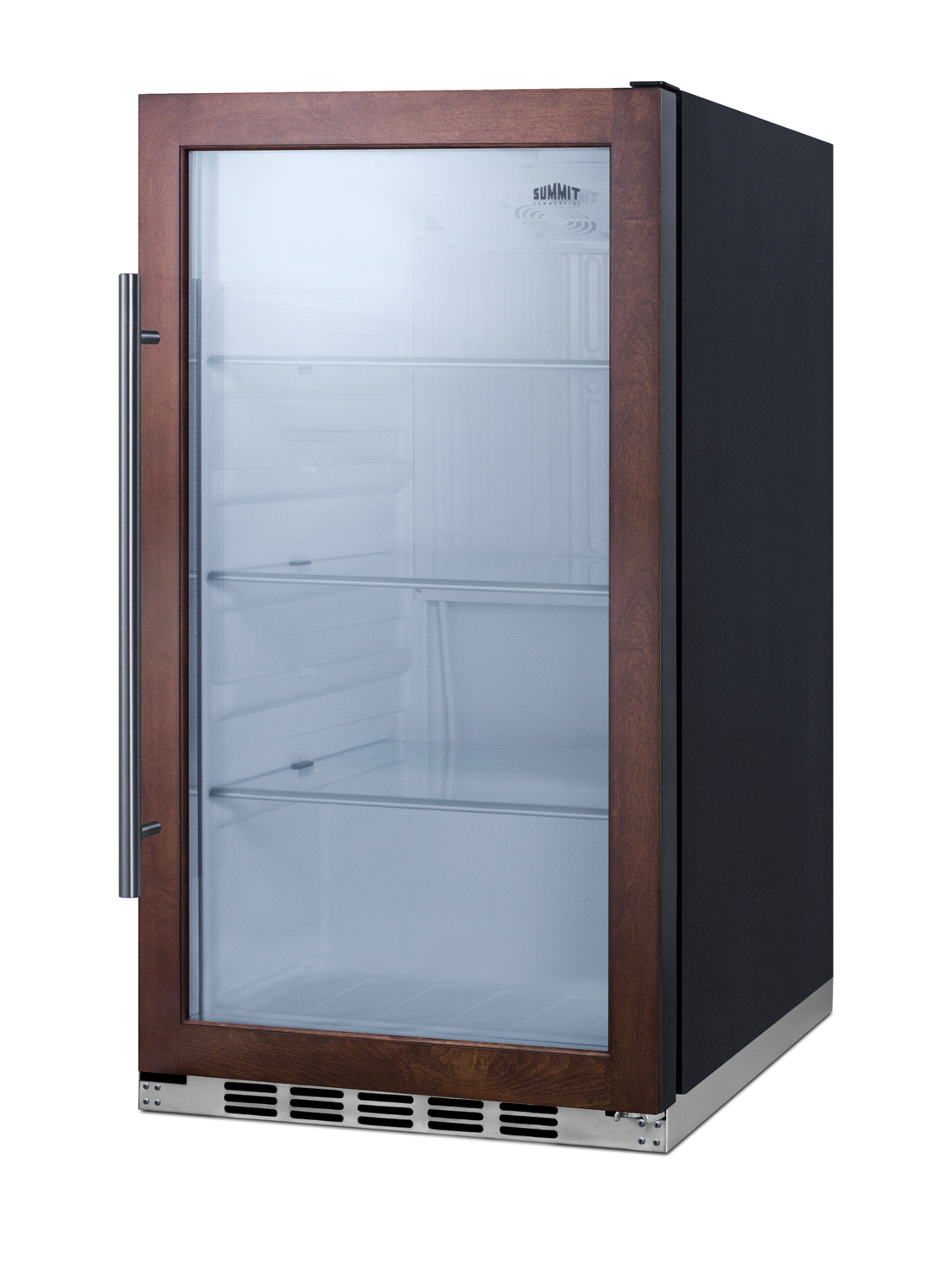 Commercially approved indoor/outdoor beverage cooler for built-in or freestanding use with a shallow 17.75